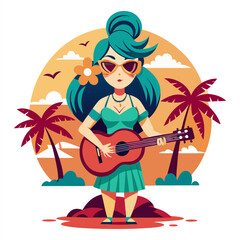 A vibrant cartoon illustration of a stylish woman playing a ukulele on a tropical beach at sunset. It evokes themes of summer vacation, music, and relaxed island vibes.