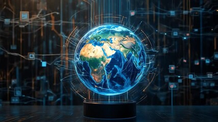 Holographic globe displaying Earth with data streams and digital mesh backdrop - Powered by Adobe