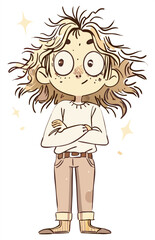 A charming cartoon illustration of a disheveled person with messy hair and freckles, standing with arms crossed. It conveys a quirky, perhaps sleepy or surprised, yet endearing personality.