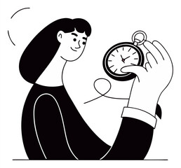 A minimalist black and white line art illustration of a person holding and examining a pocket watch. It symbolizes time management, precision, and historical or nostalgic value.