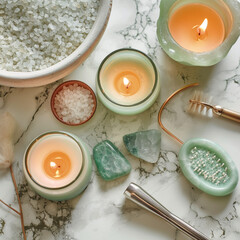 Serene Spa: A harmonious composition of spa essentials arranged on a marbled surface, invoking tranquility and relaxation.