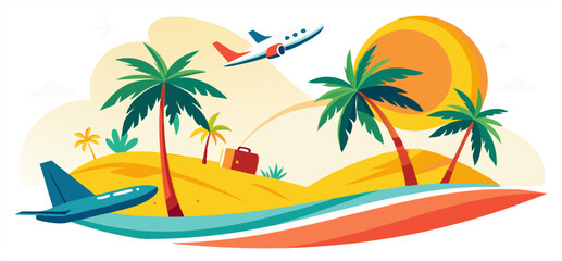 
A vibrant tropical travel illustration featuring palm trees on a sunny beach, an airplane flying overhead, and another taking off, evoking vacation, adventure, and relaxation.
