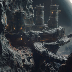 Mysterious Celestial Outpost: A monumental fortress carved into a celestial body, a testament to ancient ingenuity and futuristic ambition, against a backdrop of cosmic mystery.