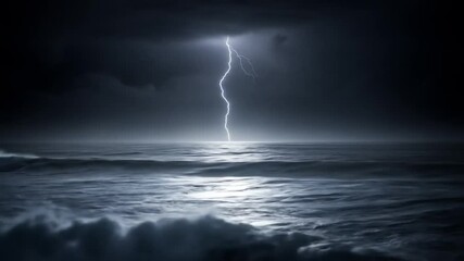 Dramatic ocean storm video with lightning strike over dark, turbulent waves and ominous clouds - Powered by Adobe