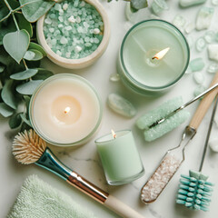 Spa Day Essentials: A serene collection of spa day essentials including aromatherapy candles, bath salts, body brushes, and eucalyptus leaves.