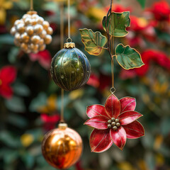 Christmas Ornament Hanging: A trio of exquisite Christmas ornaments — a shimmering green bauble, a warm copper sphere, and a delicate poinsettia — hang gracefully amidst a lush backdrop of greenery.