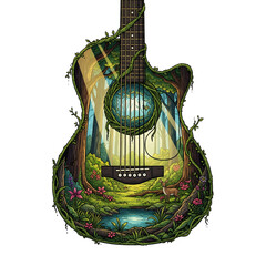 Acoustic Guitar with Scenic Forest Inside