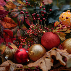 Festive Ornaments Amongst Autumnal Hues: A captivating tableau of Christmas ornaments nestled amidst the warm, rich colors of autumn foliage, evoking feelings of seasonal joy and festive anticipation.