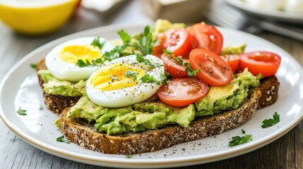 Delicious avocado toast with egg and tomatoes for a healthy brunch option