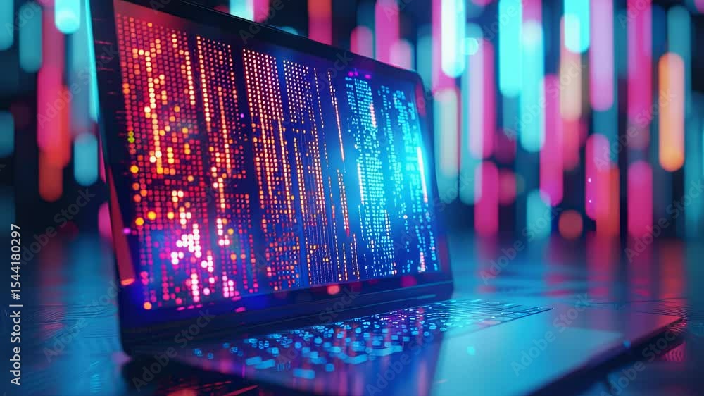 Poster laptop displaying digital code with vibrant neon lights in background