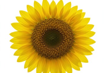 Fototapeta premium A vibrant sunflower is captured in a close-up, head-on studio shot against a white background during the daytime, emphasizing its form and color for artistic or illustrative purposes.