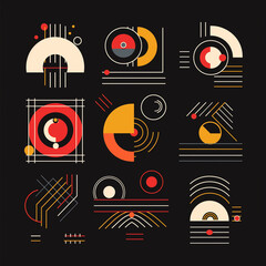 Abstract Graphic Collection: A striking vector graphic collection featuring nine abstract geometric shapes in a vibrant palette against a contrasting setting.