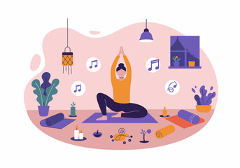 Woman Performing Yoga Asana Meditation at Home Illustration