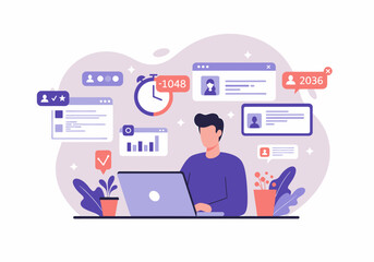 Fototapeta premium Freelancer Manages Notifications and Online Activity on Laptop