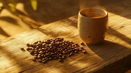 Warm coffee in rustic mug beside roasted beans on wood