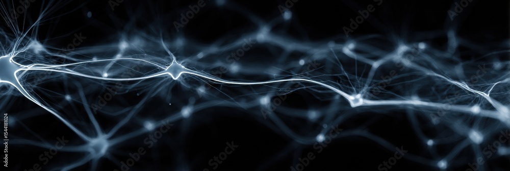 Fototapete glowing branching lines creating a digital neural network set against a black background