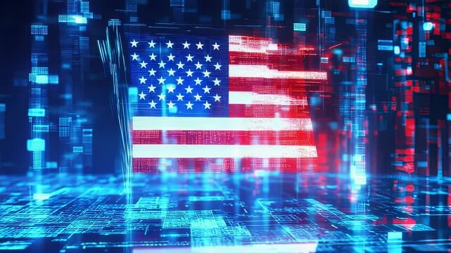 Digital American flag on a futuristic circuit board background with blue and red lighting