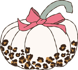 Coquette pumpkins for Halloween, Leopard print Pumpkins decorate with pink bow hand drawn