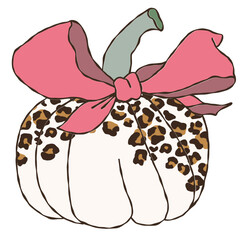 Coquette pumpkins for Halloween, Leopard print Pumpkins decorate with pink bow hand drawn