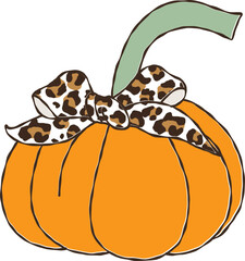 Pumpkins with Leopard bows for Autumn, Autumn illustration of a pumpkin with an elegant Leopard bow