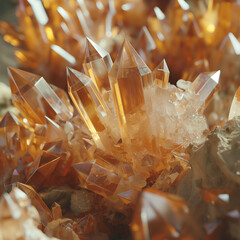 Golden Quartz Cluster: A stunning cluster of radiant quartz crystals sparkles in a close-up shot, its golden hues capturing the essence of natural beauty and the raw power of geology. 