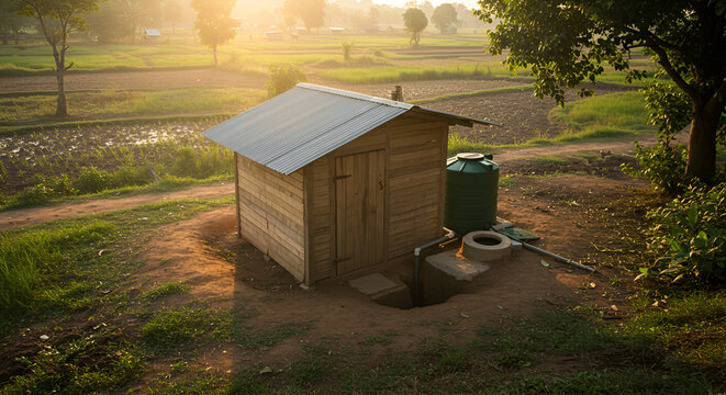 Rural Sanitation Unit in Field at Sunrise