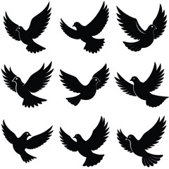 Fototapeta premium Nine black silhouettes of doves in flight