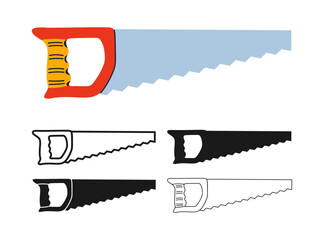 Hand saw icon symbol set. Repair professional tool builder hand saw fitter carpenter in multiple styles colored, silhouette outline. For construction, woodworking, repair cartoon vector illustration