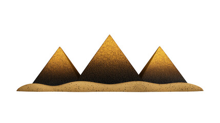 Three Golden Pyramids on Sandy Base Against Black Background