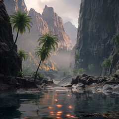Hidden Oasis: A serene landscape unveils a secret tropical paradise, where towering mountain, crystal-clear water, palm trees. Captures the essence of an untouched sanctuary