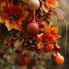 Festive Autumnal Ornament Display: A vibrant display of autumnal ornaments. This photo shows the festive season. a mix of red and gold, berries, and pine cones.