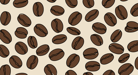 Obraz premium Coffee beans scattered on a brown surface, creating a repeating pattern.