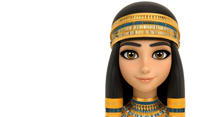 Smiling cartoon woman, ancient Egyptian queen style, gold jewelry, dark hair, intricate headdress, transparent background. Detailed rendering, 3D model.