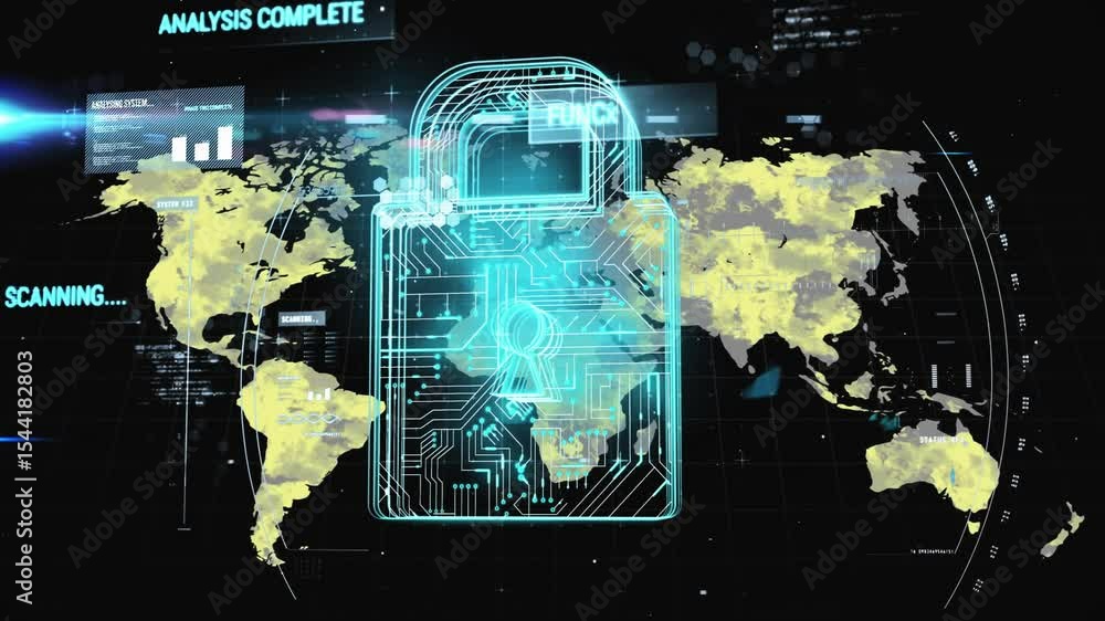 Poster upon scanning, neon-blue padlock pulsing while map shifting gray-to-yellow securing network