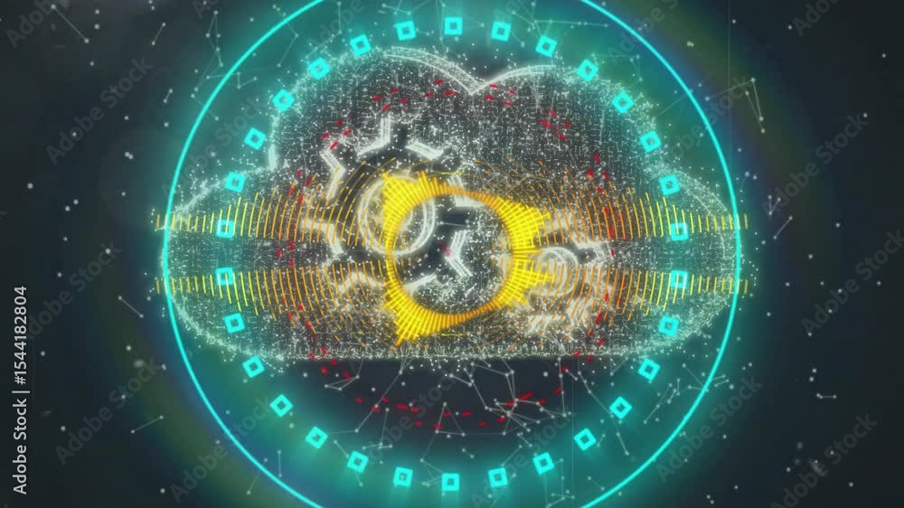 Poster starting yellow data ring pulsing red waveforms expanding cloud swirling core pulsing forming icon