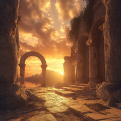 Ancient Ruins at Sunset: The setting sun casts a warm, golden light over ancient ruins, illuminating weathered stone archways and a path leading towards the horizon.
