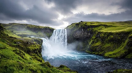 Stunning waterfall flowing through a lush, green landscape beneath a cloudy sky