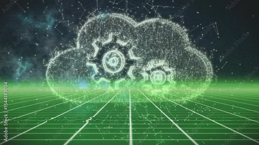 Poster 3d particle stream descending and striking grid, forming cloud icon with gears for cloud computing