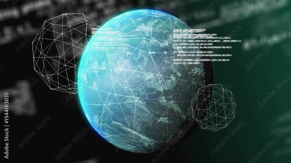 Aufkleber 3d globe appearing center, wireframe spheres rotating, mesh forming, code pulsing showing links