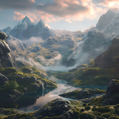 Majestic Mountain Vista: Witness the grandeur of nature as towering peaks meet a tranquil river, shrouded in mist, under a dramatic sky, offering a breathtaking panorama of untouched wilderness.