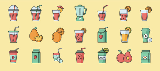 Collection of various fruit juice drinks, smoothies, and fruits in a flat vector style.