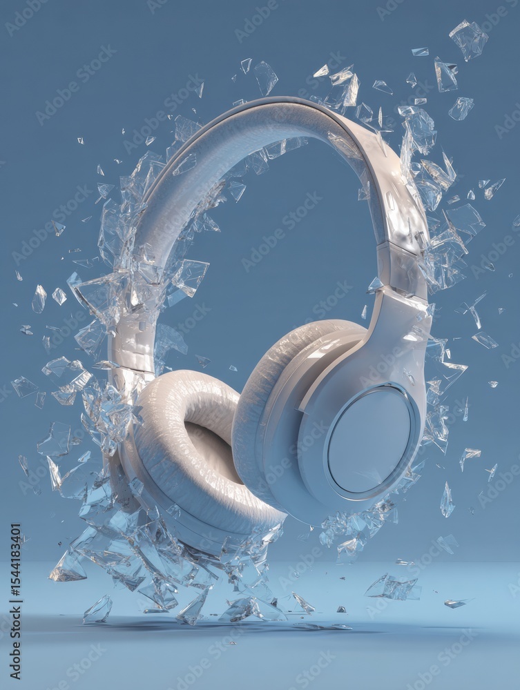 Poster Broken Headset Symbolizes Information Overload Amidst a Clear Background Highlighting Disruption in Communication