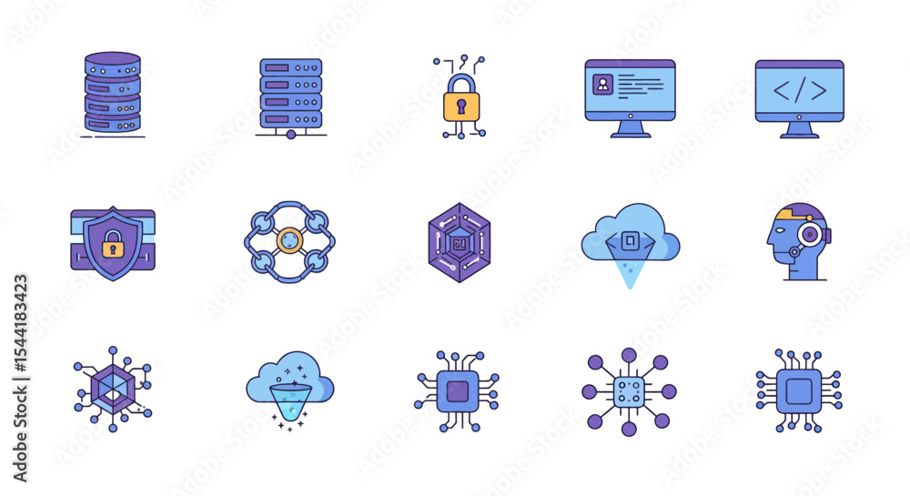 Fototapete A collection of fifteen vector icons representing data, security, cloud computing, and artificial intelligence concepts.