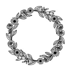 Floral Circular Frame with Leaves Outline