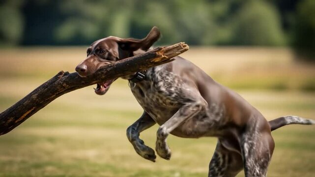 Energetic German Shorthaired Pointer Dog Running with a Large Stick in its Mouth