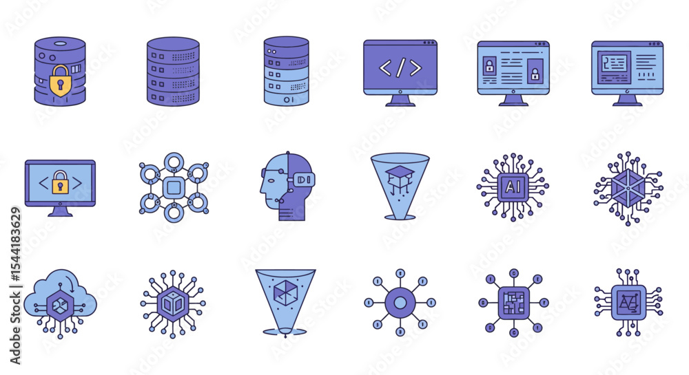 Poster a collection of simple, outlined icons representing various aspects of technology, including data st