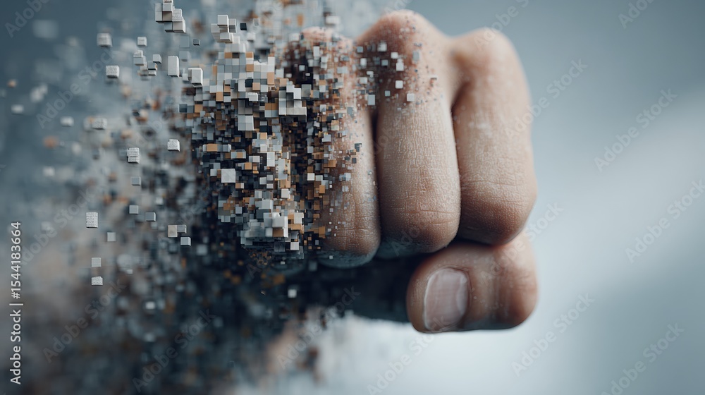 Poster Clenched Fist Dissolves Into Pixels Creating a Digital Effect With a Soft Gradient Background