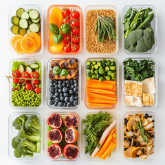 Nutritious Meal Prep: A visually captivating array of fresh, wholesome ingredients artfully arranged in transparent containers. From vibrant produce to protein sources.