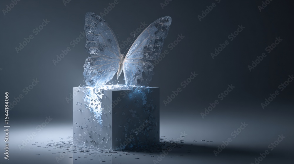 Aufkleber Transformation of a Butterfly Emerging From a Translucent Cube in a Serene and Mystical Environment