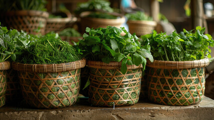 Fresh herbs in woven baskets at a market stall